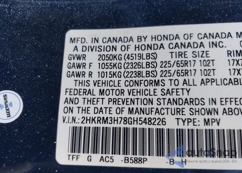 2016 Honda Cr-V Ex-L z USA, uszkodzony, nr VIN 2HKRM3H78GH548226